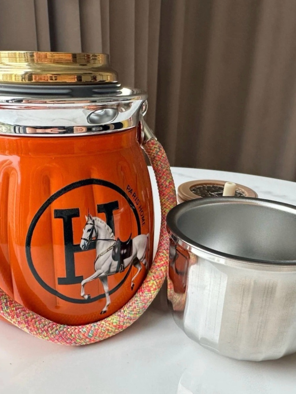 Hermes Orange Horse Print Drinkware Flask with Silver Cap - Picture 6 of 7